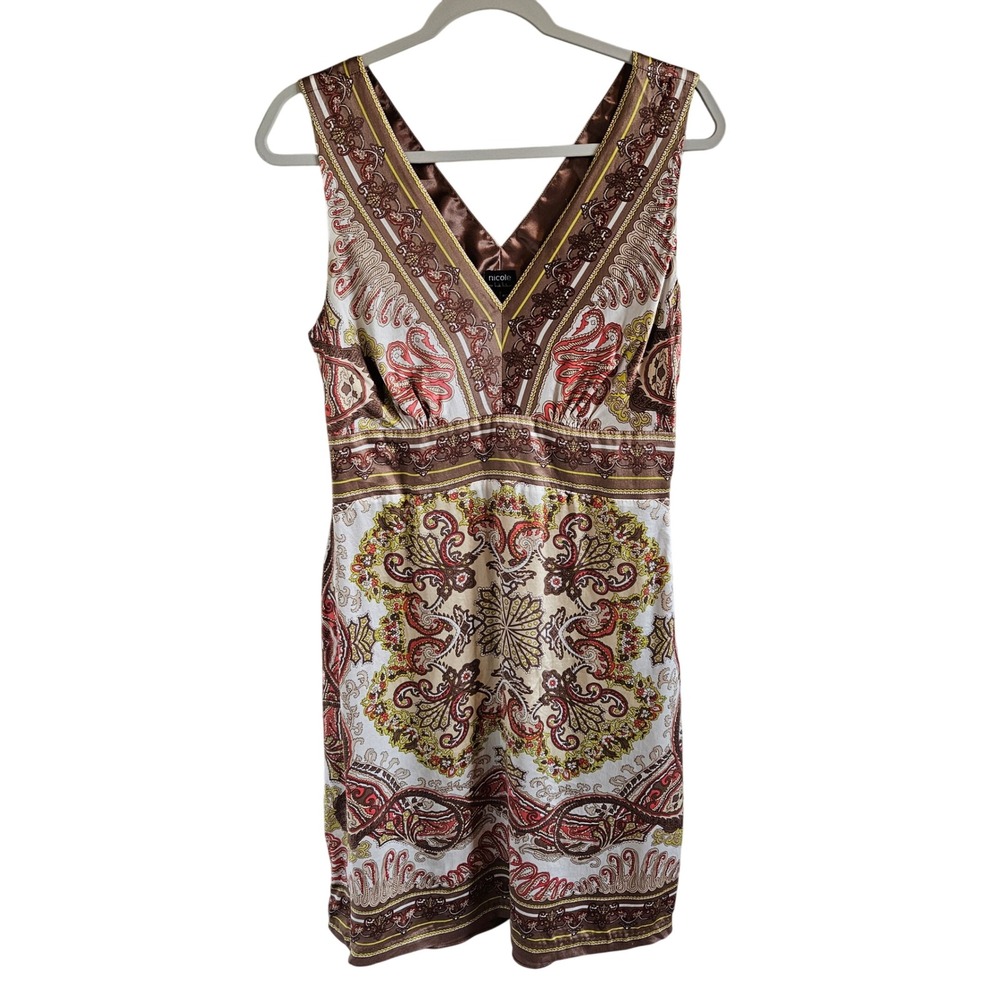Nicole by Nicole Miller 100% Silk Paisley V-Neck Empire Waist Dress Brown Red 10